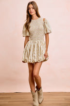 Floral Bow Tie Puff Sleeve Dress -