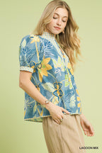 Mixed Abstract Puff Sleeve Blouse -
