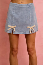 Lace Ribbon Trim Denim Mini Skirt -