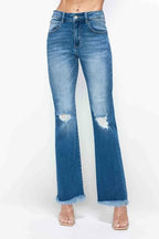 High Rise Distressed Raw Bootcut Jeans -