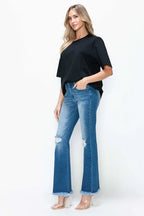 High Rise Distressed Raw Bootcut Jeans -