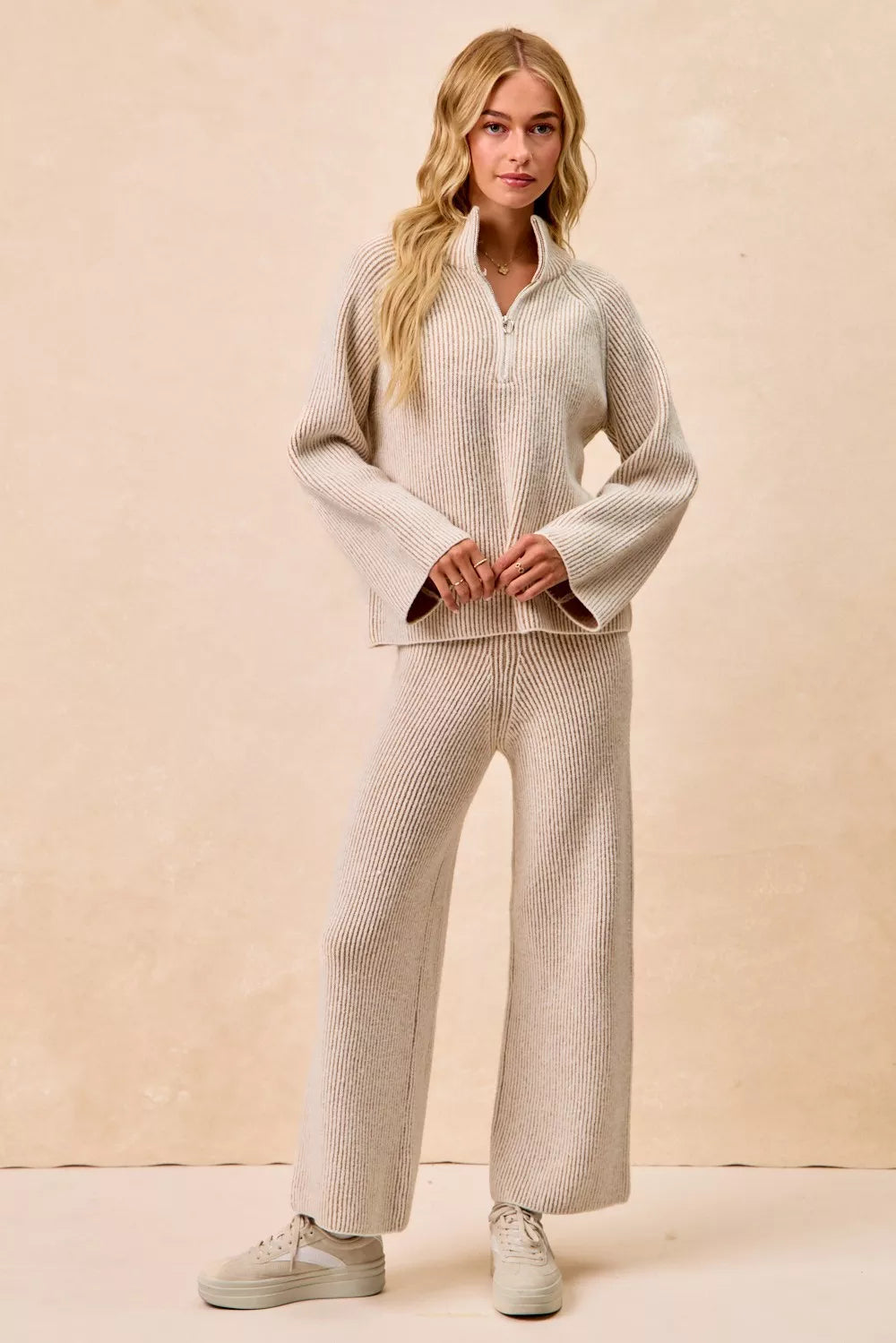 Two Tone Ribbed Half Zip Pullover -