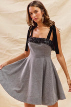 Houndstooth Fit Flare Shoulder Tie Dress -