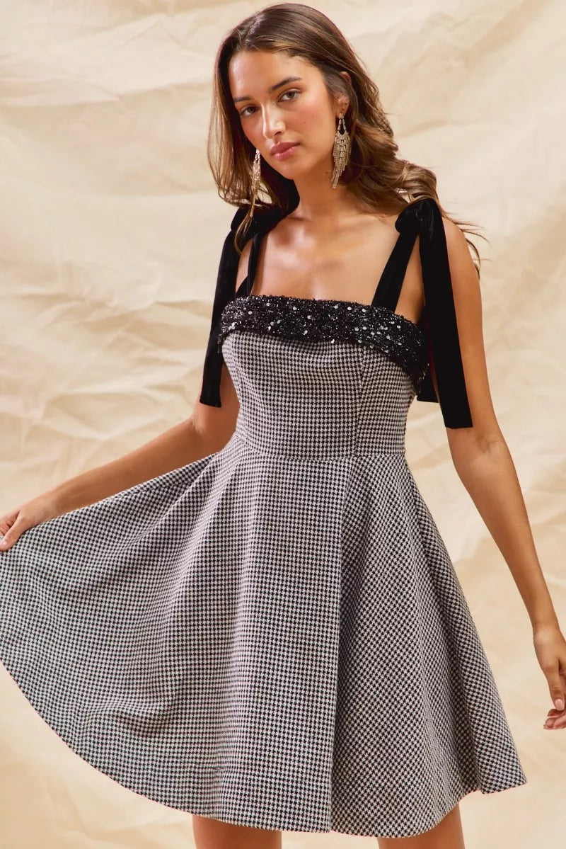 Houndstooth Fit Flare Shoulder Tie Dress -