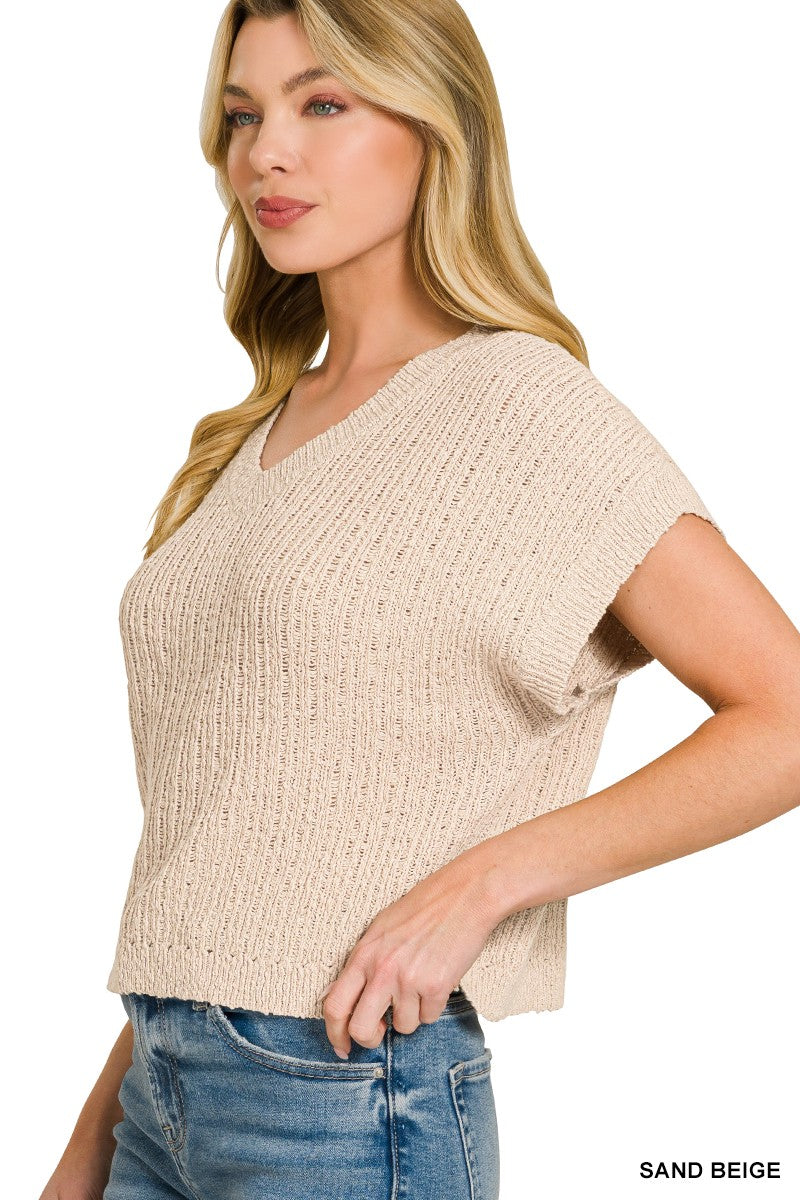 Textured Knit V-Neck Crop Sweater -