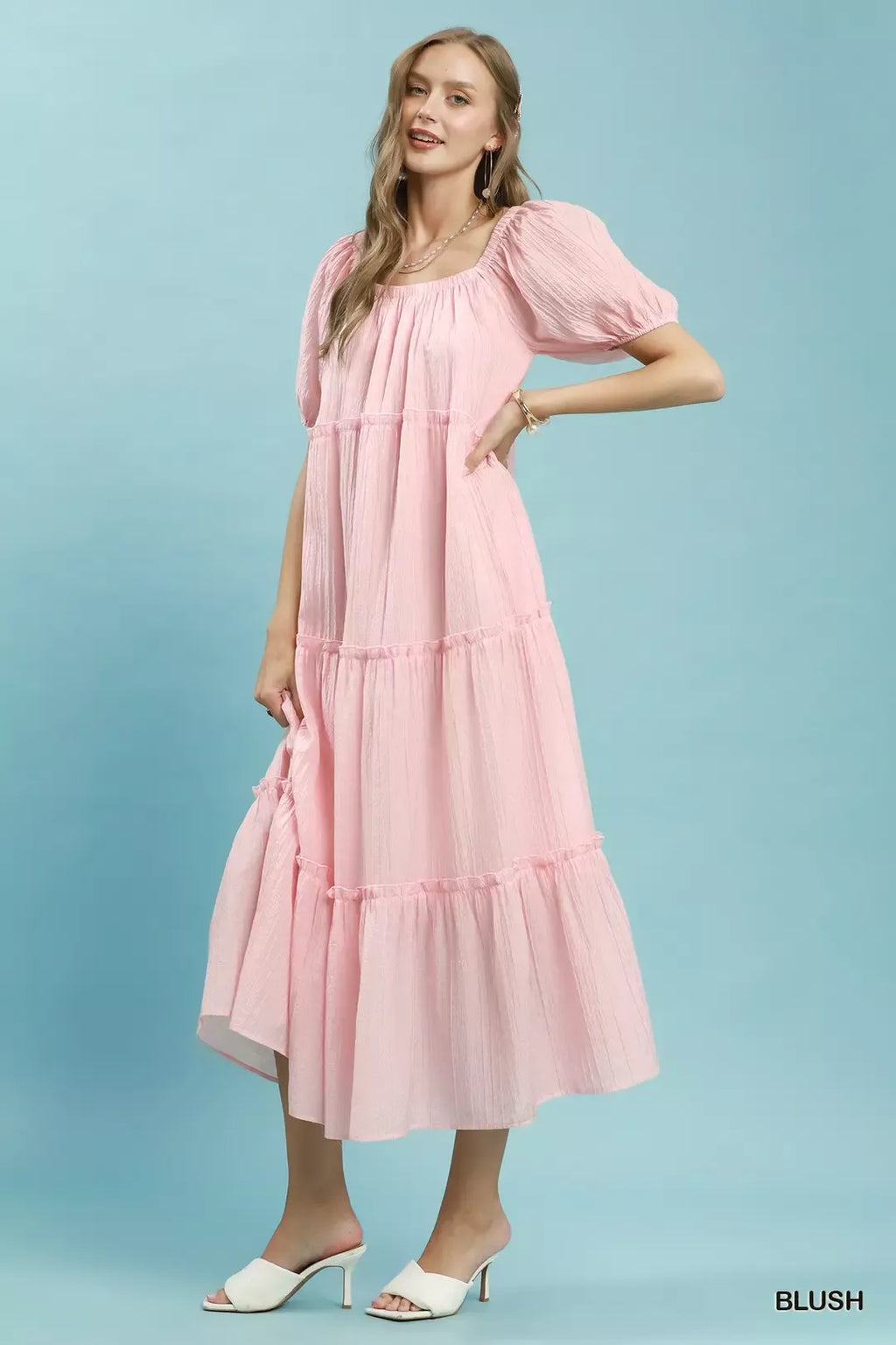 Textured Tiered Puff Sleeve Dress -