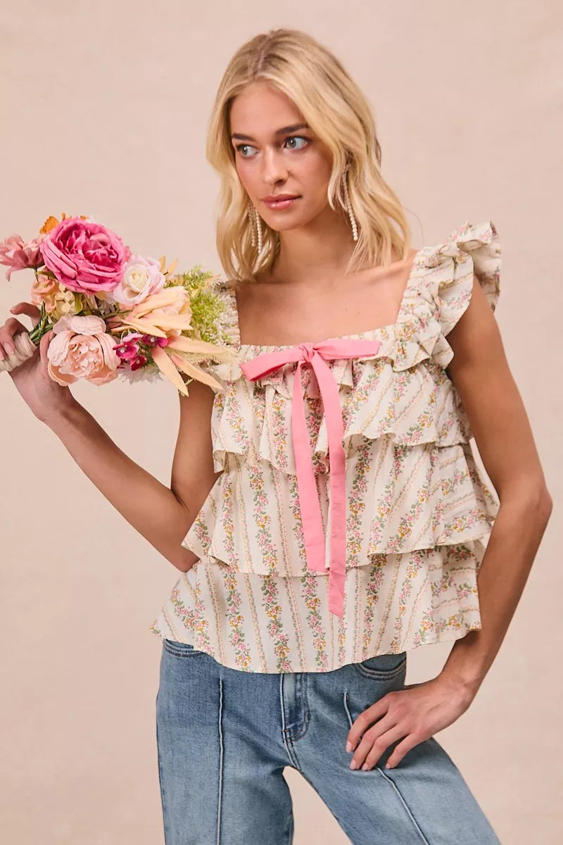 Floral Woven Bow Square Neck Top -