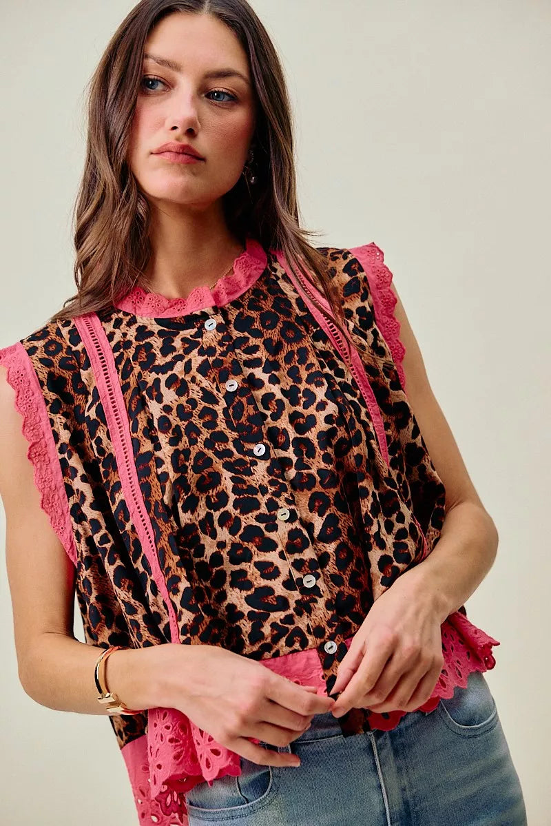 Leopard Pleated Sleeveless Blouse -