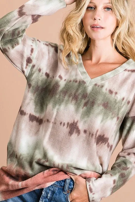 Brushed Tie Dye V Neck Top -