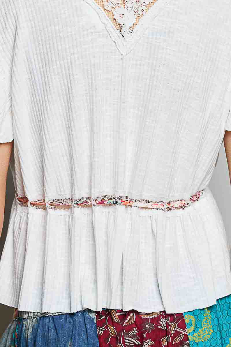 Lace Trim Tie Front Blouse -