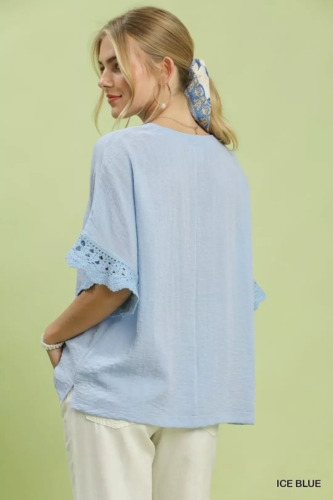 Crochet Trim Flutter Sleeve Top -