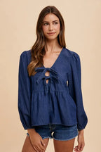 Tie Front Peplum Denim Blouse -