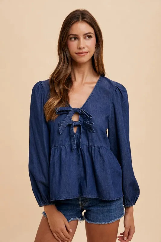 Tie Front Peplum Denim Blouse -