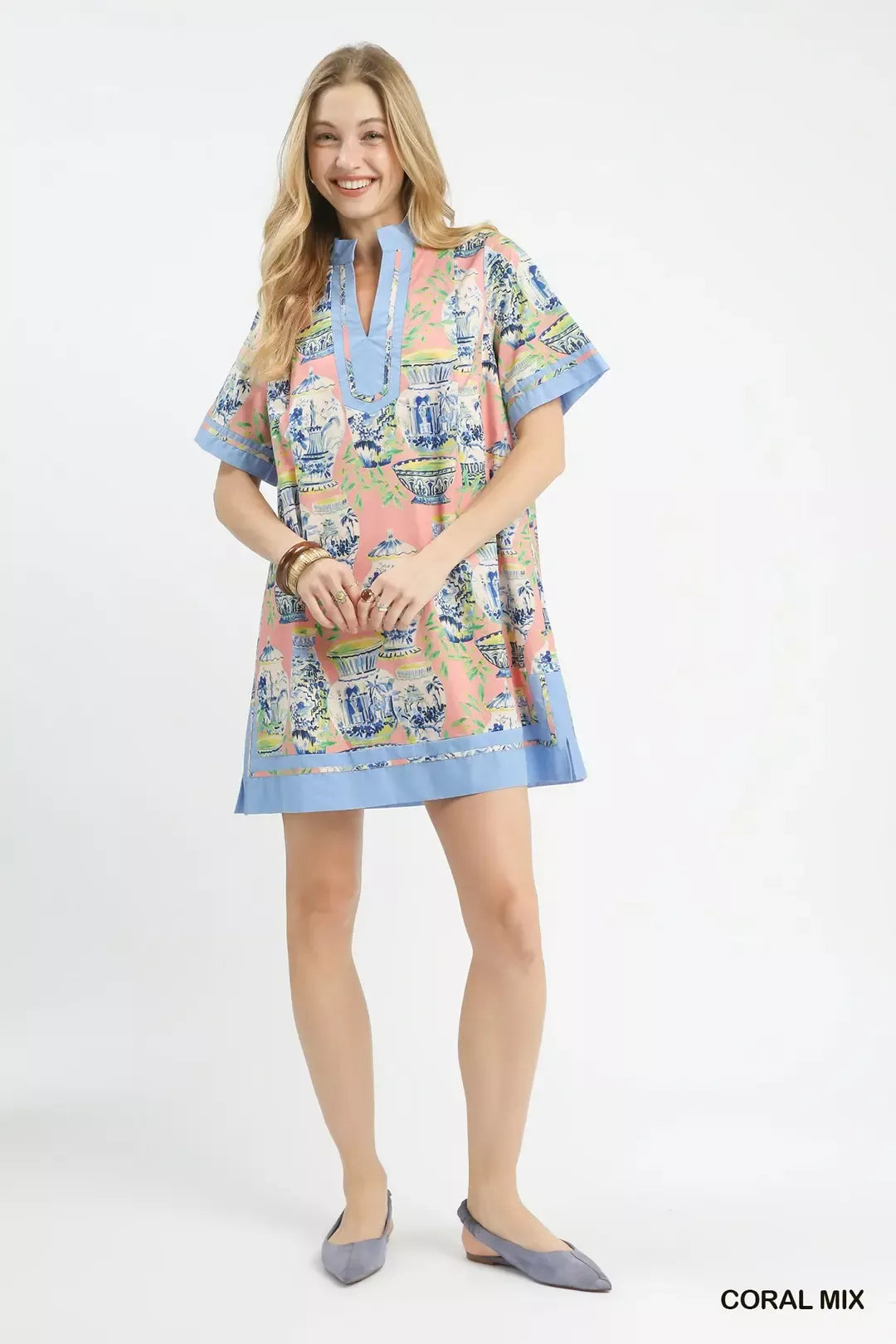 Abstract Print Collared Shift Dress - CORAL MIX Main image