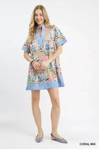 Abstract Print Collared Shift Dress - CORAL MIX