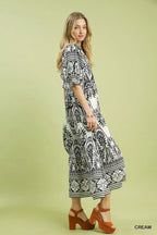 Border Print Flutter Sleeve Midi Dress -