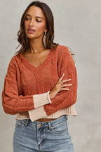 Chenille Cable Knit V Neck Sweater -