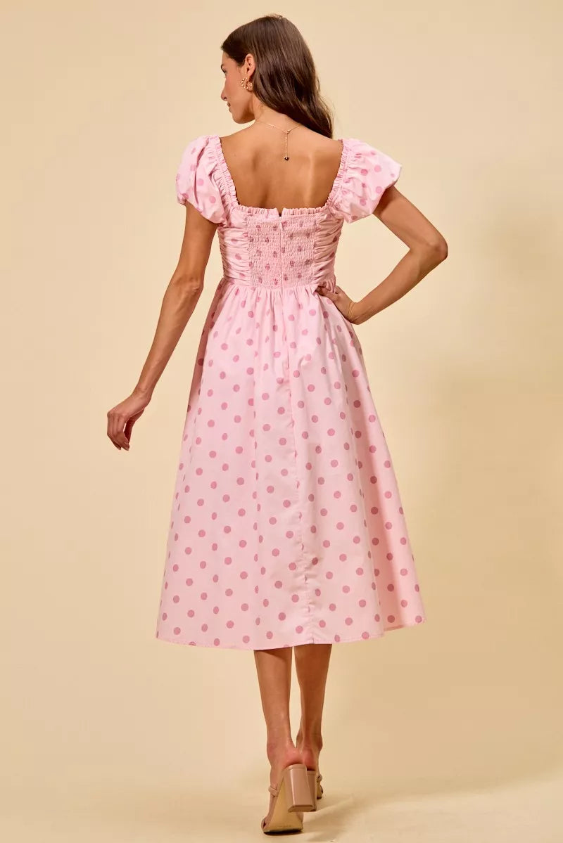 Polka Dot Puff Sleeve Midi Dress -