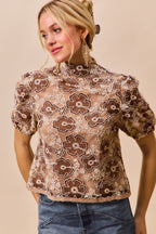 Textured Floral Mesh Puff Top -