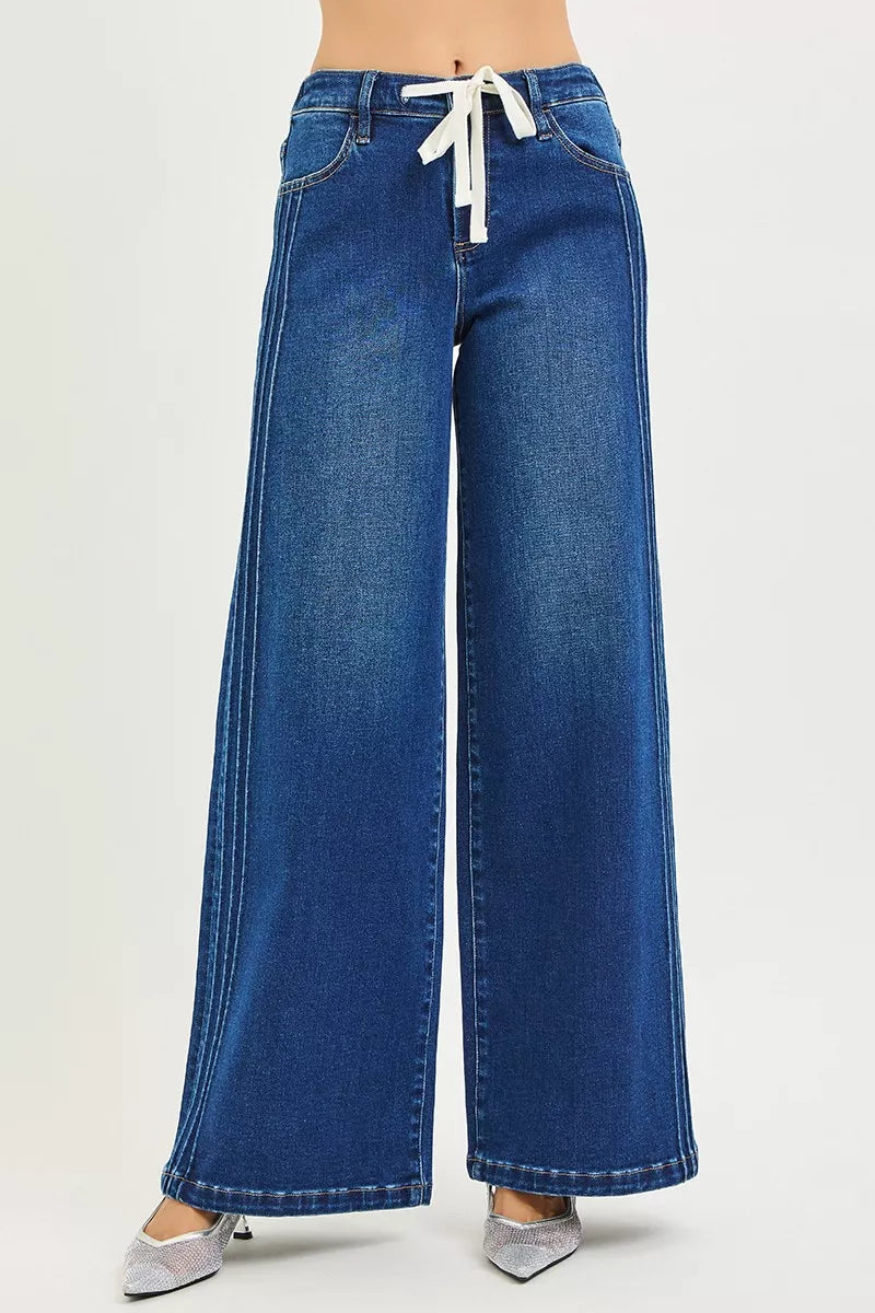 Front Lace Up Wide Leg Jeans Full Size -