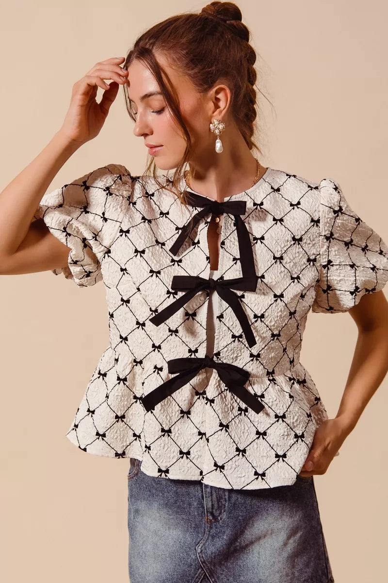 Contrast Bow Textured Peplum Top -