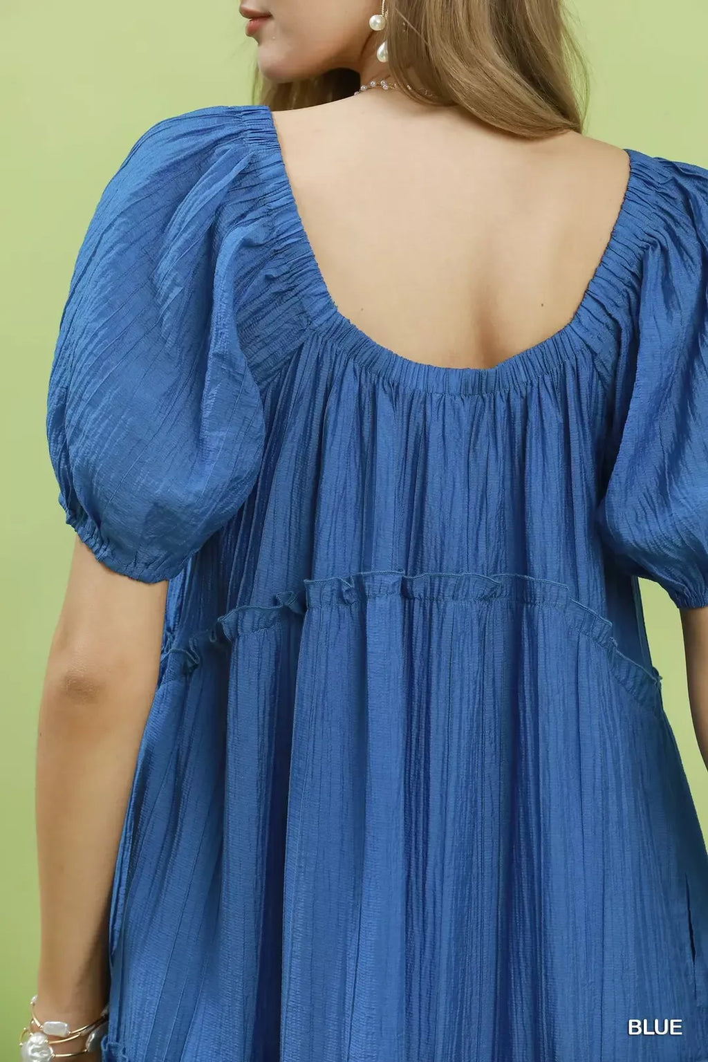 Blue Textured Tiered Puff Sleeve Dress -