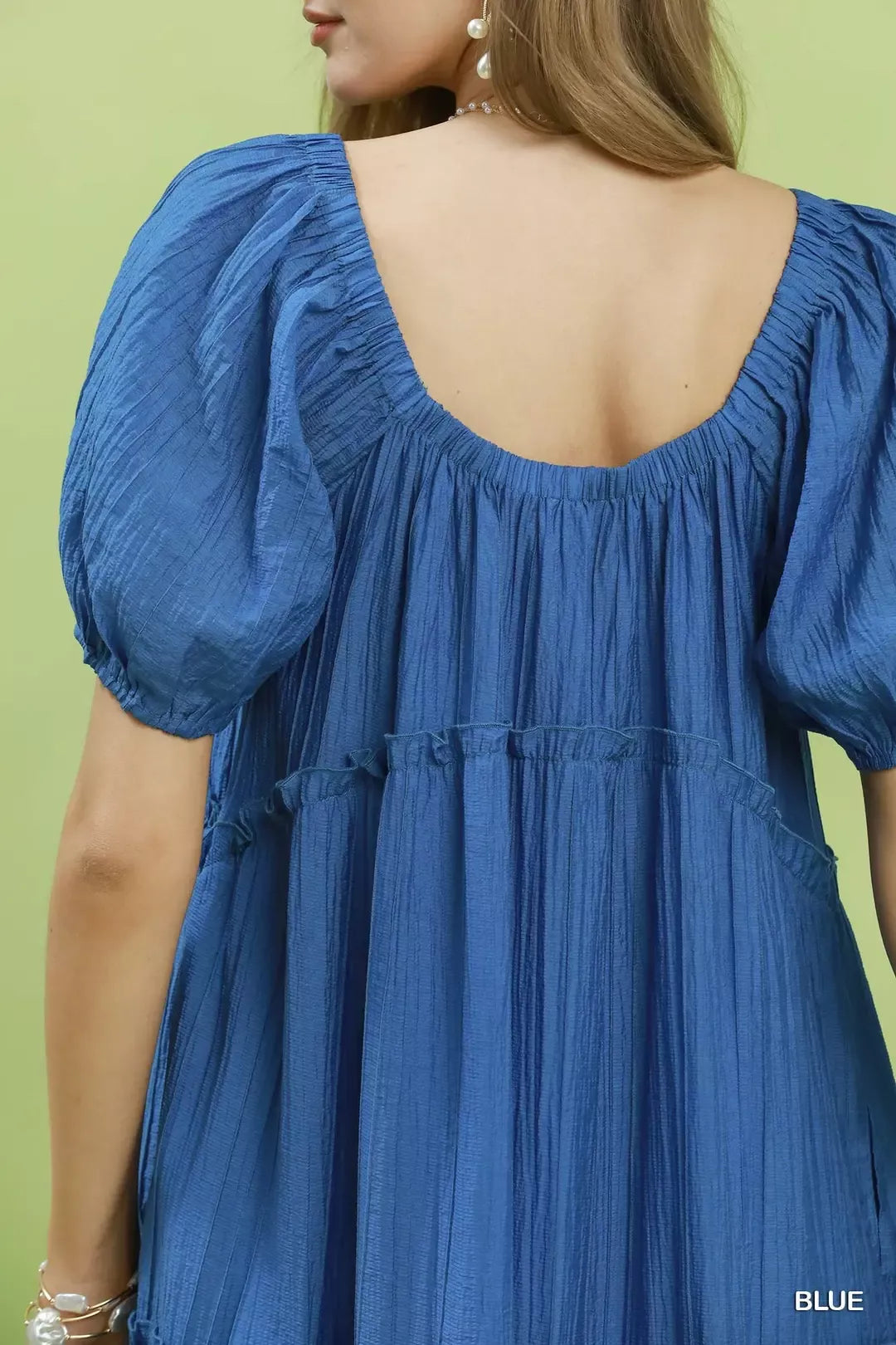 Blue Textured Tiered Puff Sleeve Dress -