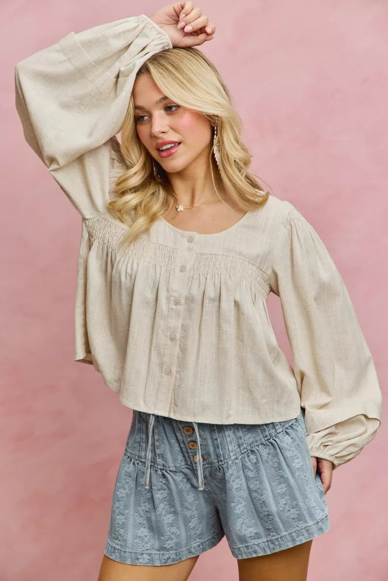 Linen Blend Smocked Sleeve Blouse -