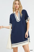 Contrast Trim Linen Split Neck Mini Dress -