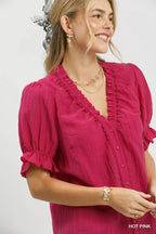 Textured Button Front Puff Sleeve Top -