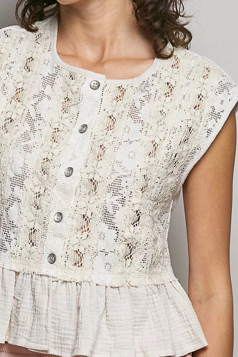 Lace Ruffle Sleeveless Peplum Blouse -
