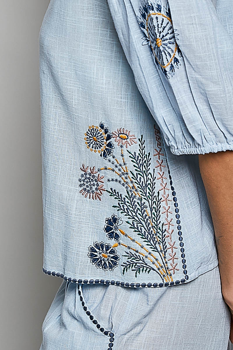 Embroidered Floral Button Down Shirt -