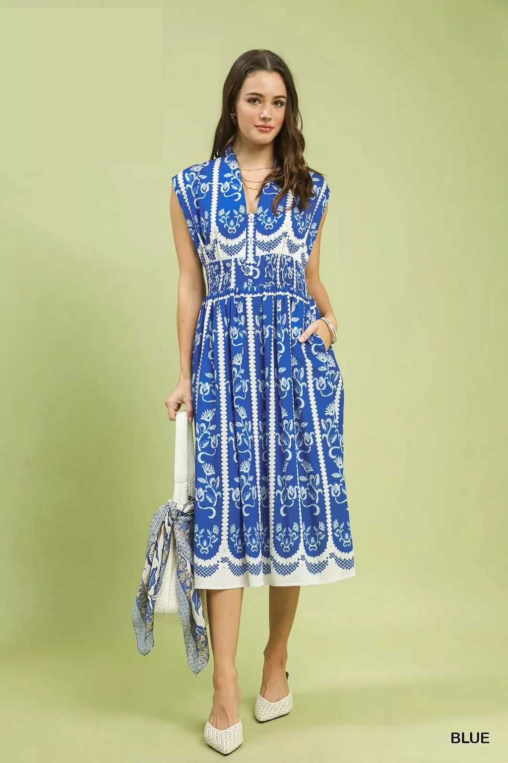 Smocked Border Print Midi Dress - BLUE
