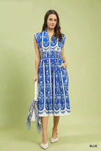 Smocked Border Print Midi Dress - BLUE