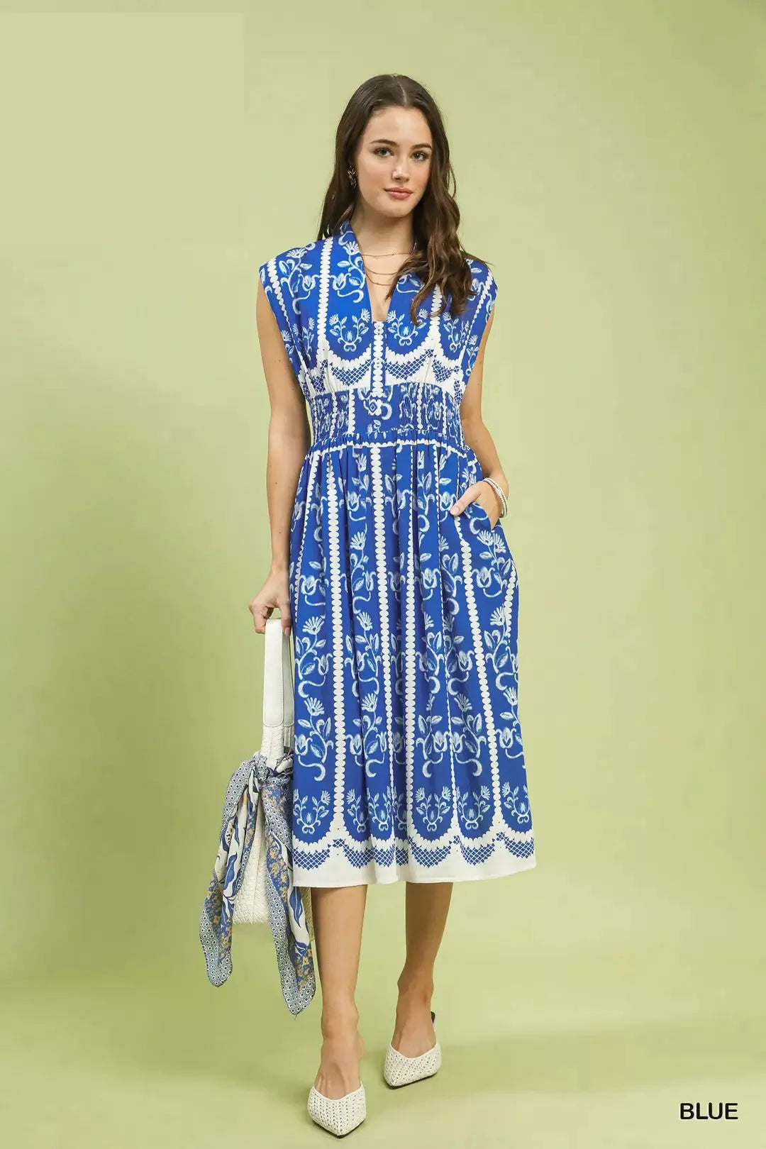 Smocked Border Print Midi Dress - BLUE