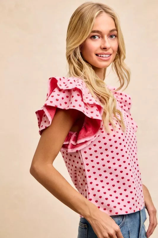 Heart Pattern Knit Ruffled Sleeve Shirt -
