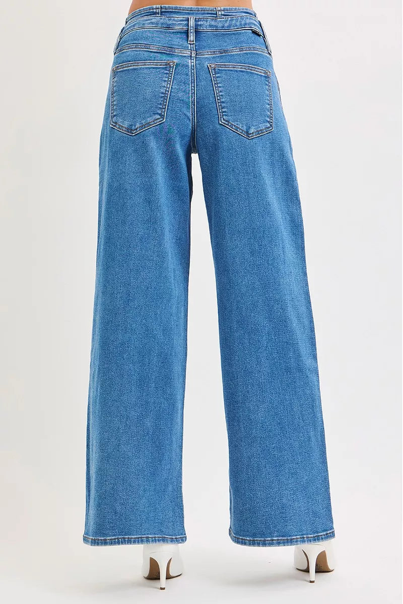 Mid Rise Pleated Wide Leg Jeans -