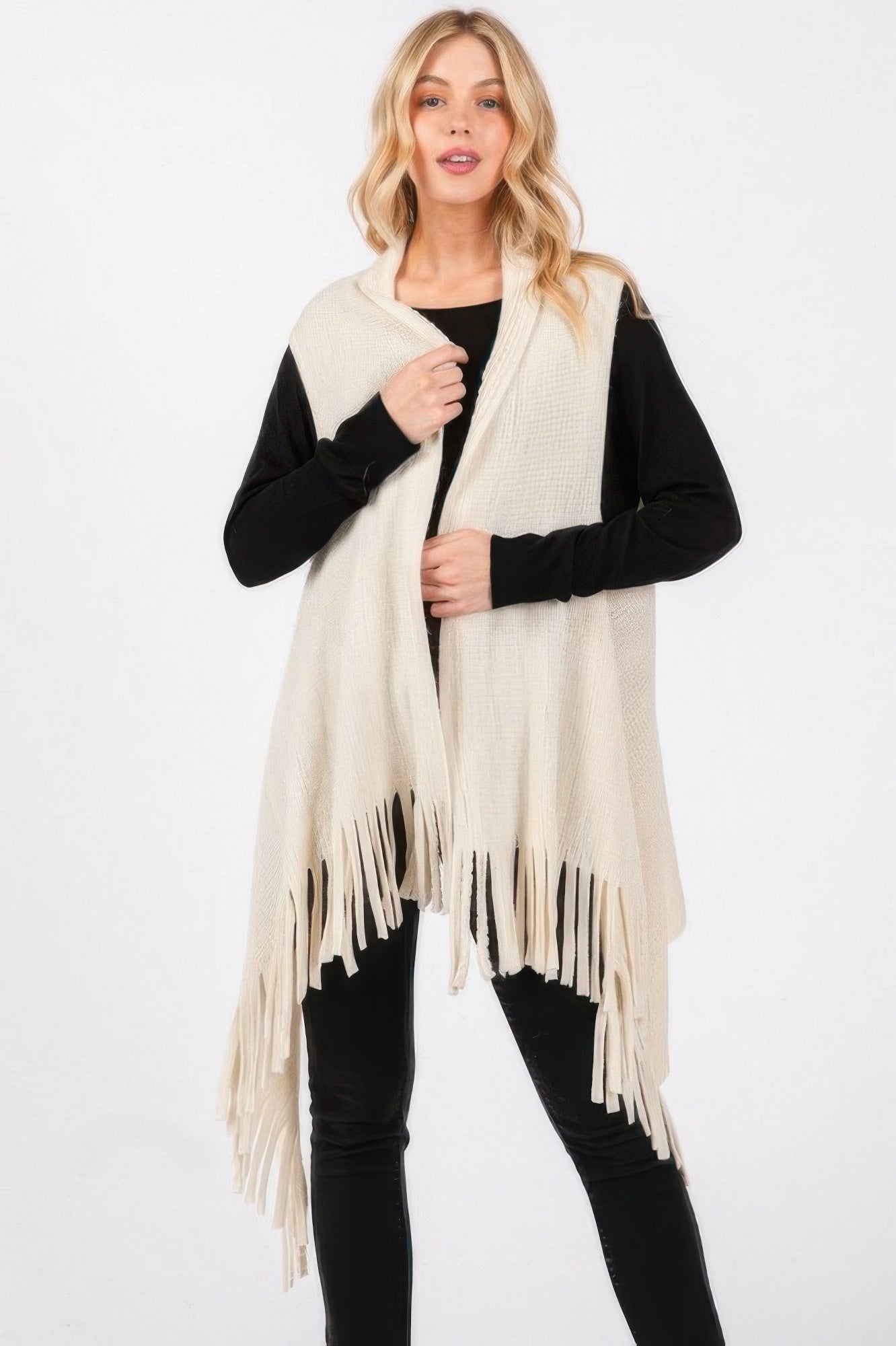 Embossed Tassel Knit Vest - Ivory One Size Fits All