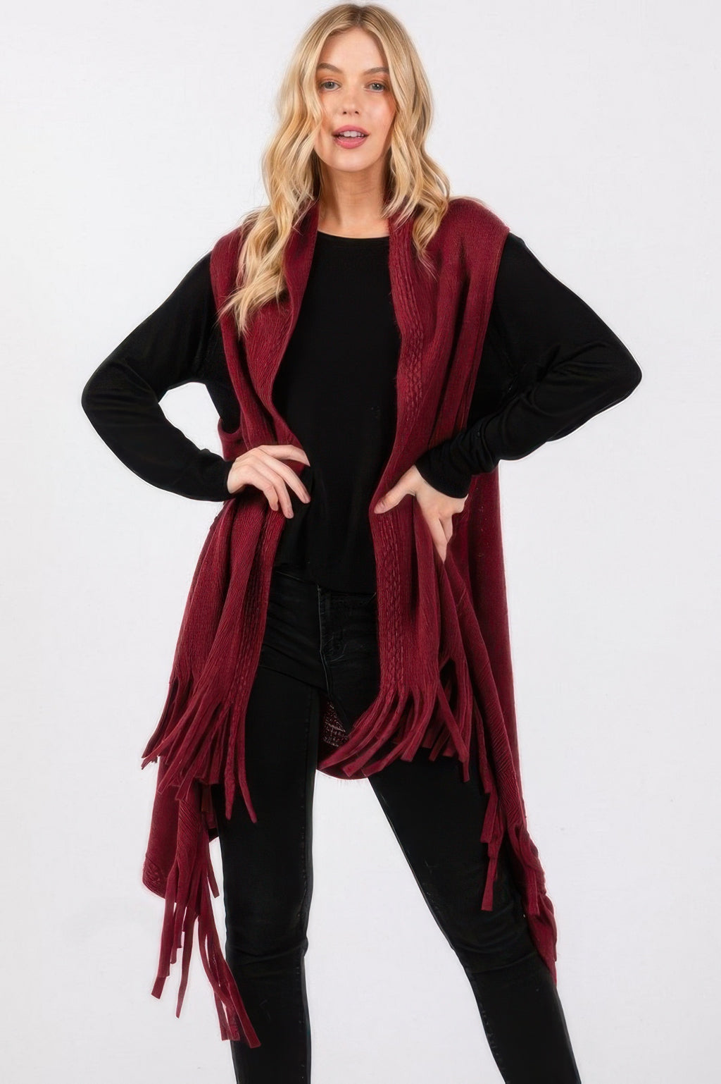 Embossed Tassel Knit Vest - Burgundy One Size Fits All