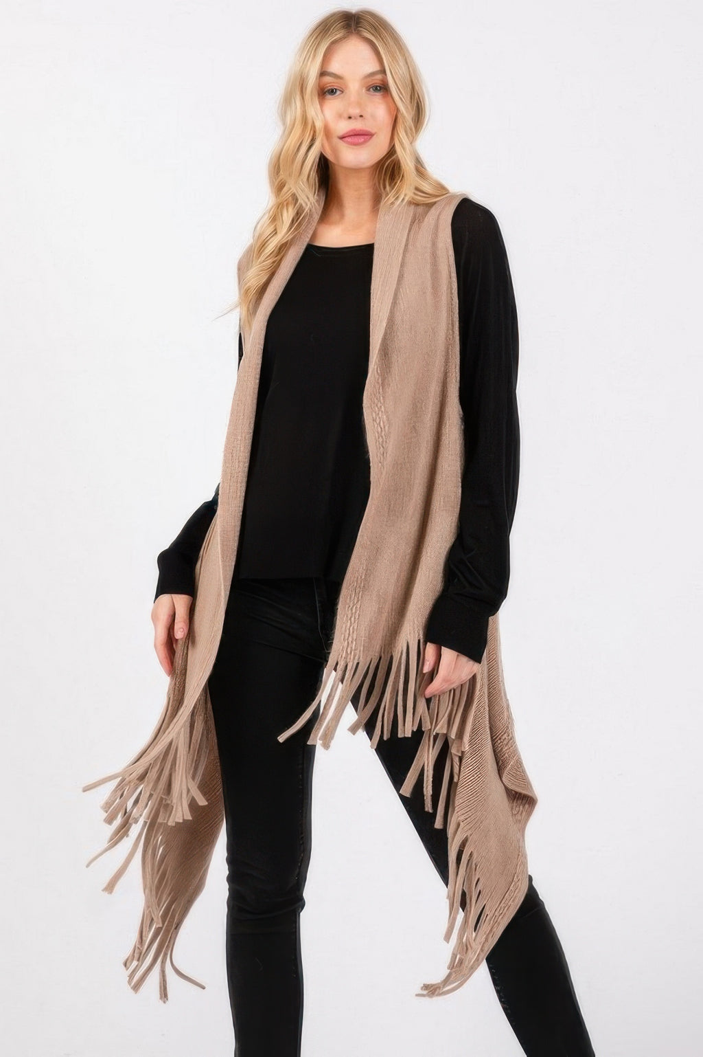 Embossed Tassel Knit Vest - Taupe One Size Fits All