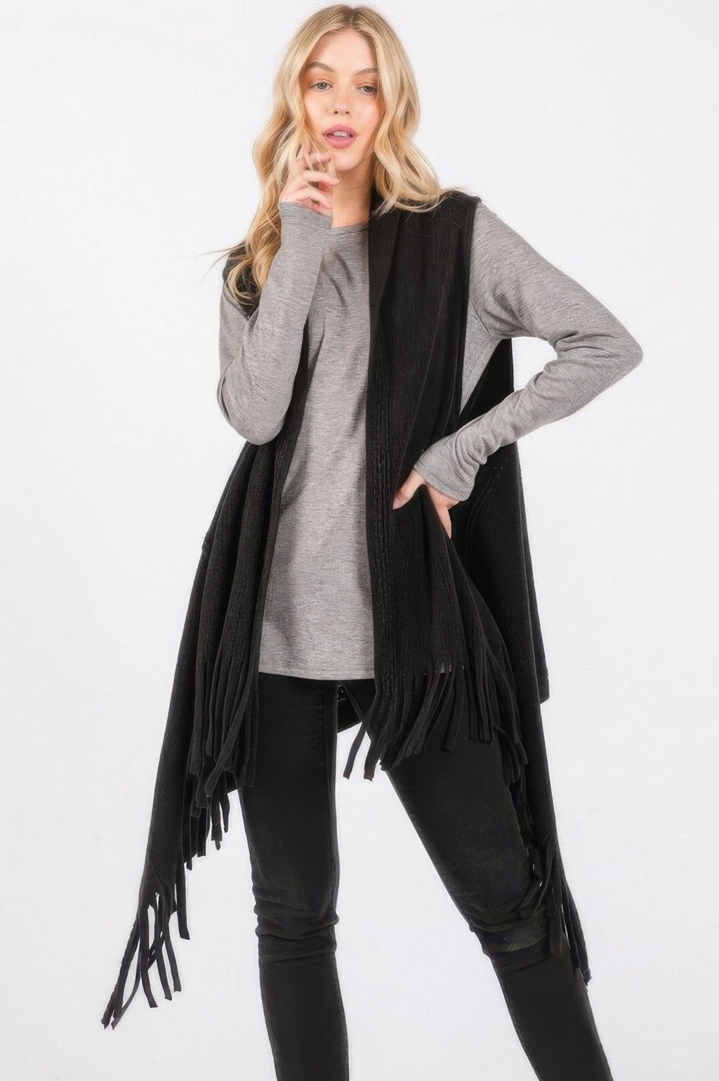 Embossed Tassel Knit Vest - Black One Size Fits All