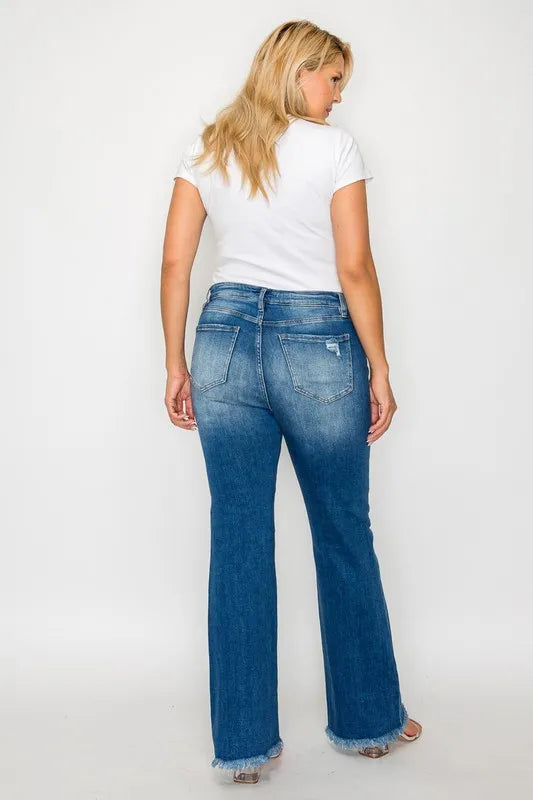 High Rise Distressed Raw Bootcut Jeans -
