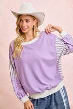Floral Sleeve Striped Mix Match Sweatshirt -