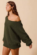Olive Loose Slouchy Boucle Exposed Seam Sweater -