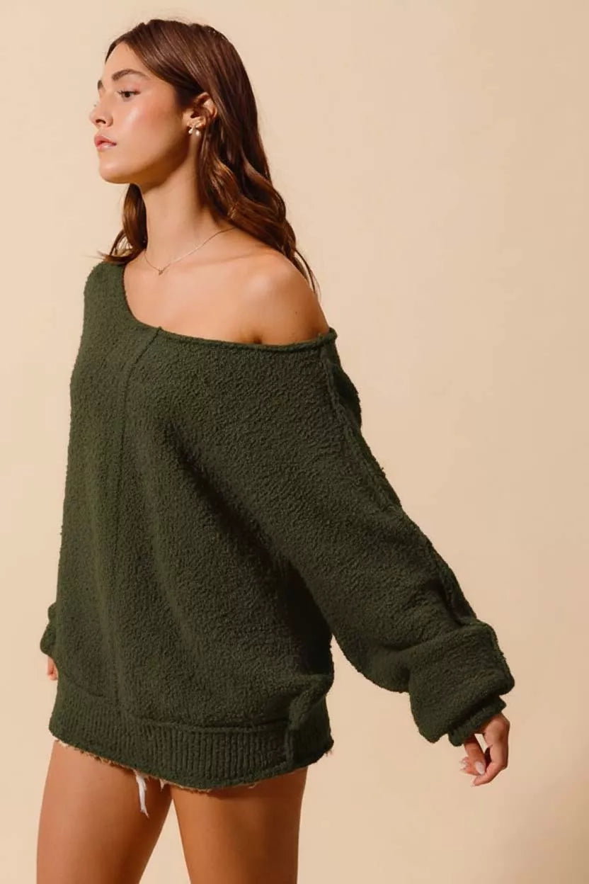 Olive Loose Slouchy Boucle Exposed Seam Sweater -