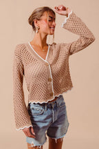 Scallop Trim Open Knit Cardigan -