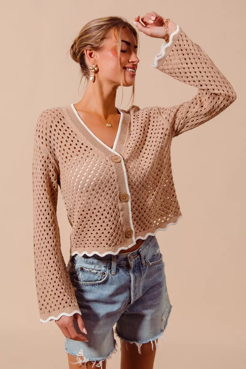 Scallop Trim Open Knit Cardigan -