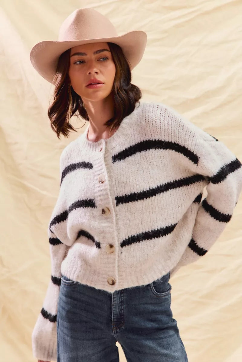 Soft Stripe Button Front Cardigan -