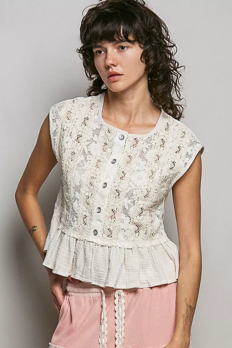Lace Ruffle Sleeveless Peplum Blouse -
