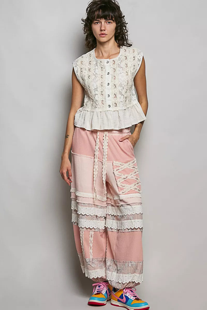 Lace Ruffle Sleeveless Peplum Blouse -